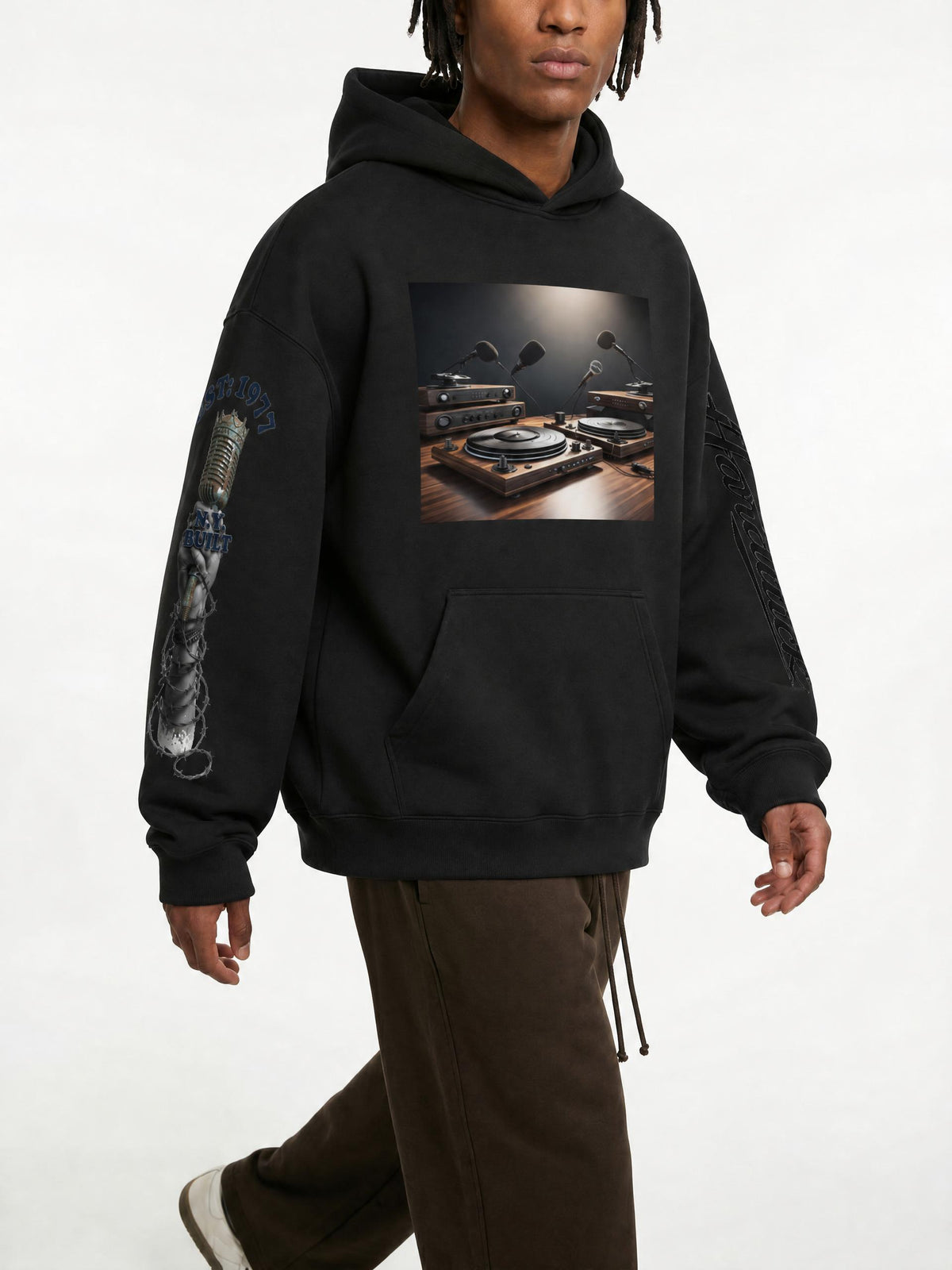 Hard Luck Revolution DJ Hoodie | Turntable & Microphone Graphic | N.Y. Built 1977