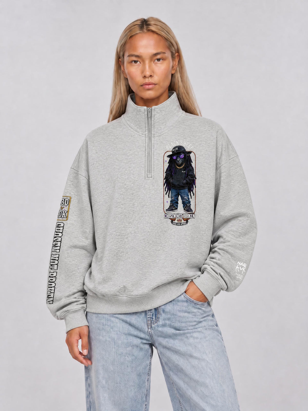 Hard Luck Apparel - Black Sheep Quarter Zip Sweatshirt | Chosen Not Broken Drop Shoulder Pullover