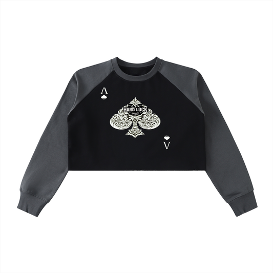Hard Luck- Uptown Ace Raw-Hem Color-Block Raglan Crop Sweatshirt