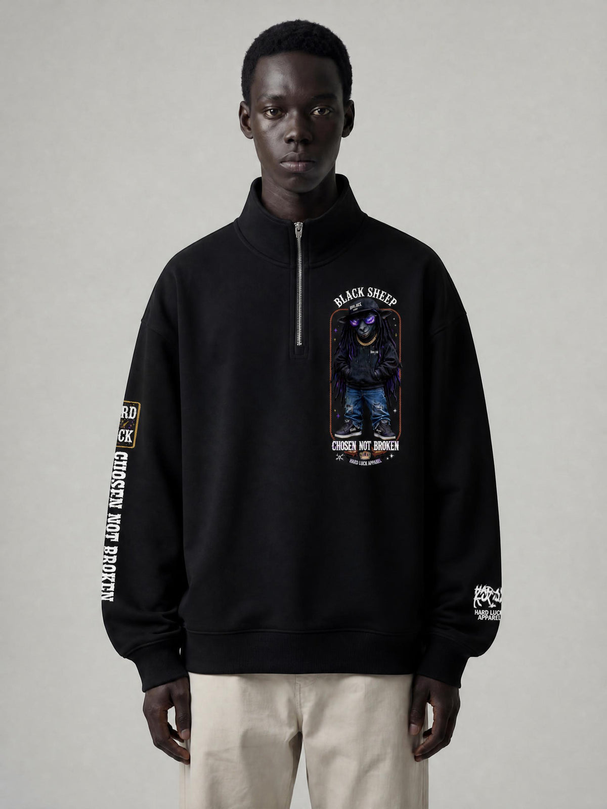 Hard Luck Apparel - Black Sheep Quarter Zip Sweatshirt | Chosen Not Broken Drop Shoulder Pullover