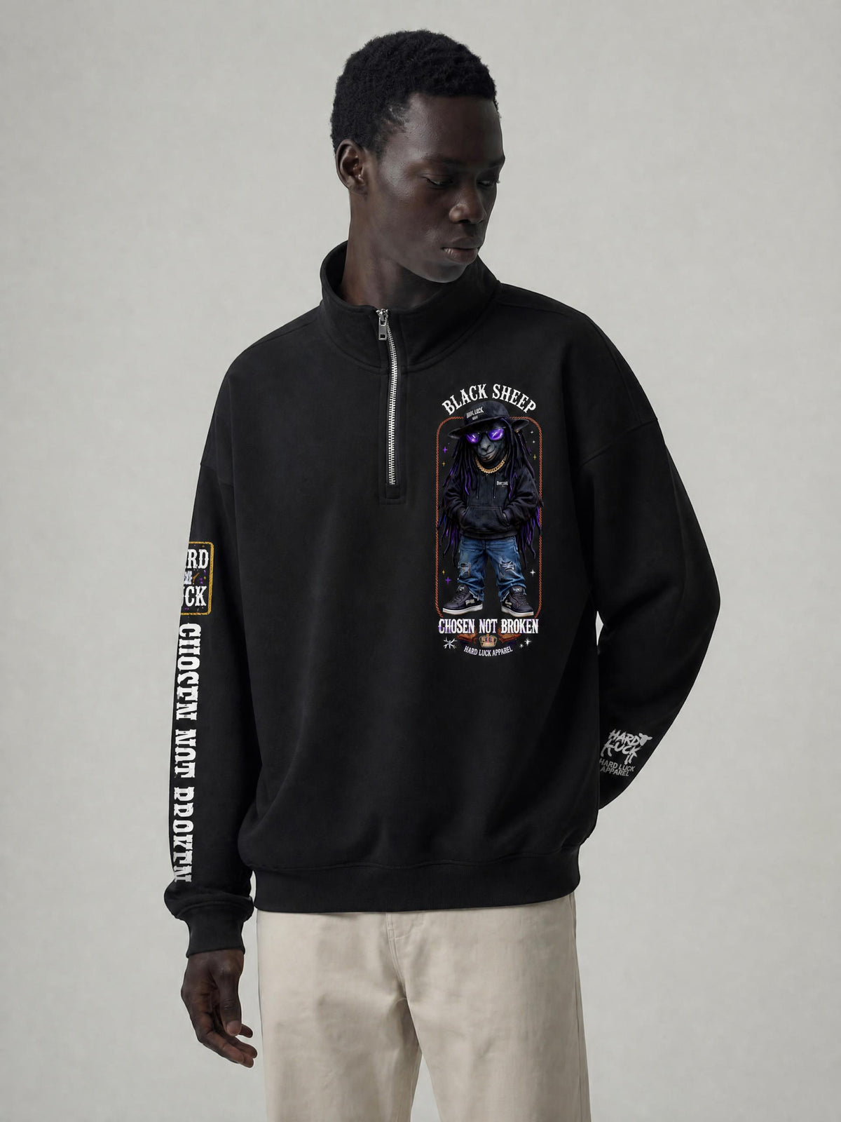 Hard Luck Apparel - Black Sheep Quarter Zip Sweatshirt | Chosen Not Broken Drop Shoulder Pullover