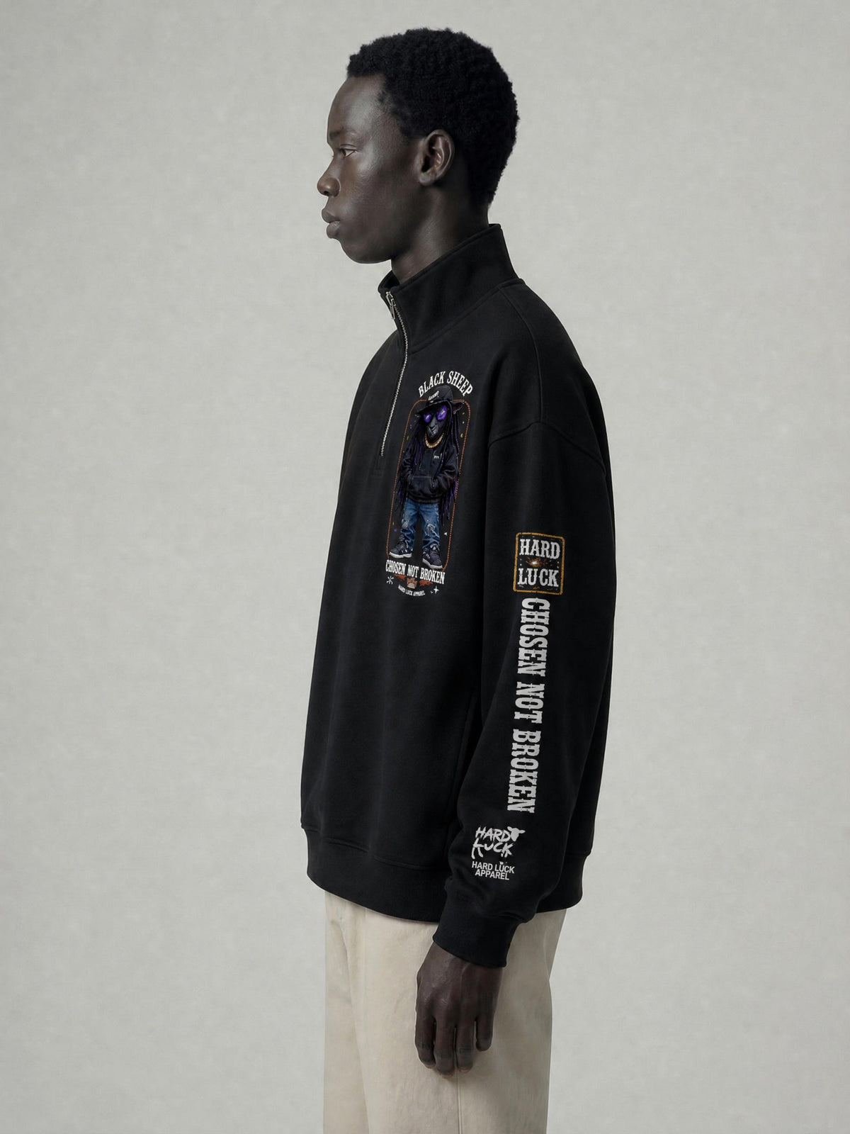 Hard Luck Apparel - Black Sheep Quarter Zip Sweatshirt | Chosen Not Broken Drop Shoulder Pullover