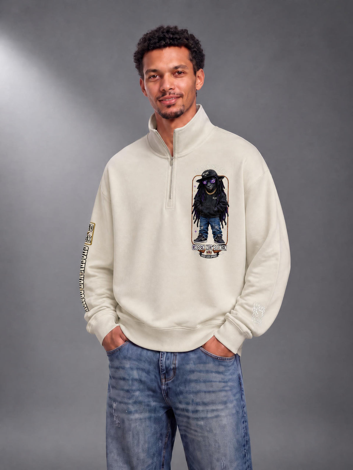 Hard Luck Apparel - Black Sheep Quarter Zip Sweatshirt | Chosen Not Broken Drop Shoulder Pullover