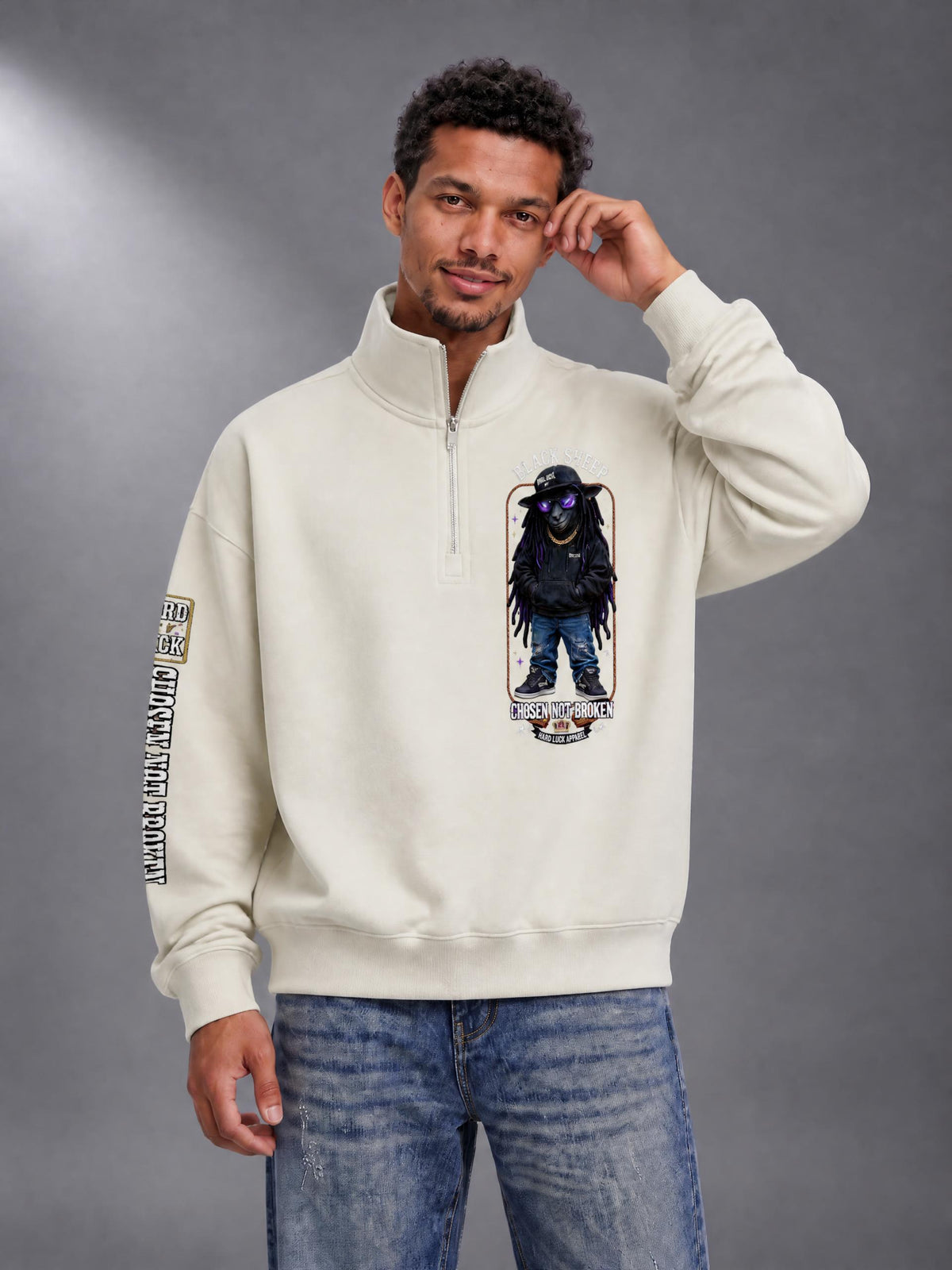 Hard Luck Apparel - Black Sheep Quarter Zip Sweatshirt | Chosen Not Broken Drop Shoulder Pullover